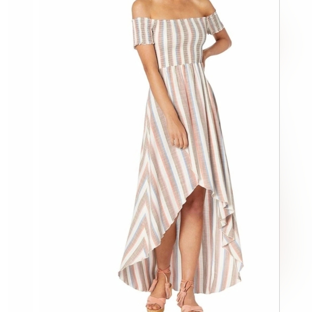 Show Me Your Mumu Willa Smocked Off-Shoulder Hi Low Maxi Dress NWT Boho Stripe L